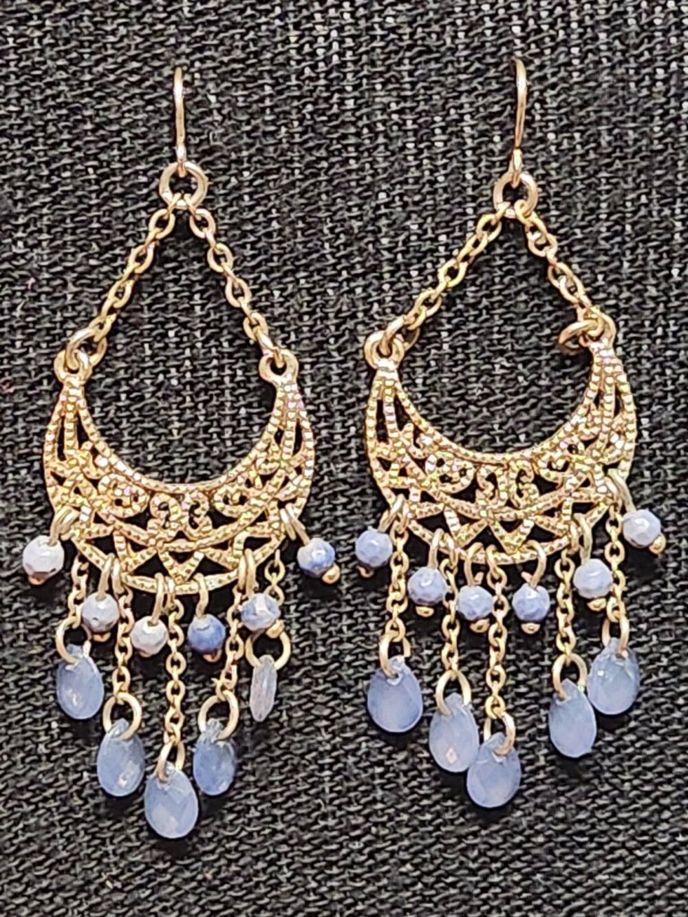 Gold Tone Filigree Chandelier Earrings w/ Blue Bead Dangles